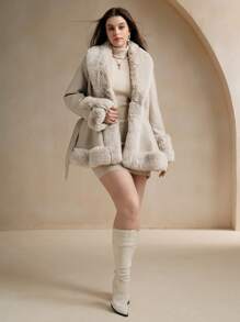 Anewsta 1pc Women Plus Size Fluffy Collar Long Sleeve Solid Color Fluffy Cardigan/Jacket, For Winter - Beige - View 1