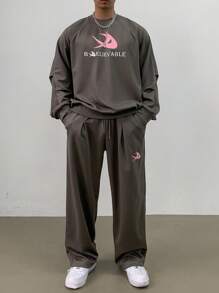 DAZY 2pcs Men Letter Print Round Neck Raglan Sleeve T-Shirt And Pants Set, Autumn - Grey - View 6