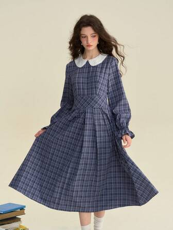 Simple Retro Damen Herbst- und Winter-Lässig Kleider mit Peter-Pan-Kragen, Karo-Muster in Crash-Blau, elegant mit langen Ärmeln und langem Rock