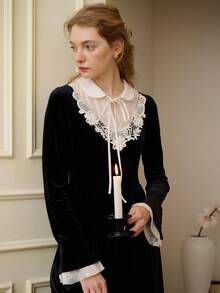 SHEIN Black Friday x Star Picks Simple Retro Polyester Lace Patchwork Belted Peter Pan Neck Long Dress - Black - View 6