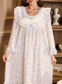 Embellished Lace Patchwork Floral Print Women Nightgown - Multicolor - View 5