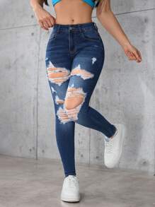 SHEIN PETITE Women Washed Distressed Skinny Fit Denim Jeans, Casual For Spring Autumn - Blue - View 4