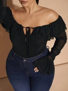 SHEIN BAE Plus Size Fall Elegant Going Out Sexy Party Woman Black Mesh Strapless Off Shoulder Ruffle Tube Top Sexy Front Center Tie Ruffle Cuffs Gathered Bodysuit Sweet Bodysuit Party Bodysuit Wedding Guest Bodysuit Halloween Outfit Christmas Outfit Birthday Party Outfit