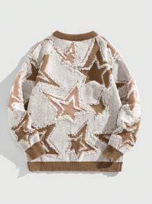 ROMWE MEN Street Life 男士时尚撞色星形提花套头毛衣，秋冬季长袖上衣 - 卡其色 - 查看 2