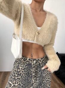 Flirla Áo len cardigan ngắn, màu trơn thường ngày, mùa thu - Màu be - Xem 3