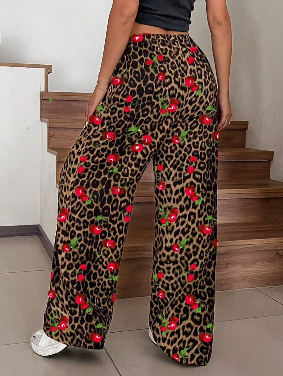 SHEIN EZwear 大码休闲直筒裤，全身蝴蝶结和条纹印花，春秋季 - 白色 - 查看 1