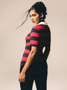 Athîral 女士撞色条纹印花 Polo 领休闲短袖 T 恤