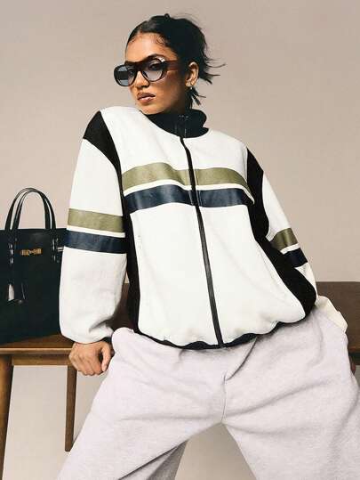 Athîral Chaqueta casual de mujer con bloque de color y parches, cuello alto, para otoño/invierno