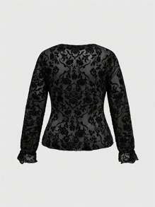 ROMWE Áo thun cổ thấp họa tiết hoa Gothic Ball Dark Floral Flocked Retro Palace Style cỡ lớn - màu đen - Xem 2