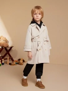 PrepCrw 年轻男孩学院风双排扣卡其色领风衣，长袖长款风衣，适合返校季、秋冬季 - 卡其色 - 查看 7