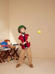 PrepCrw Young Boys' Autumn/Winter Collegiate Style Burgundy And Khaki Embroidered Letter Knitted Fleece Patchwork Crew Neck Jacket, Back-To-School - Multicolor - View 8