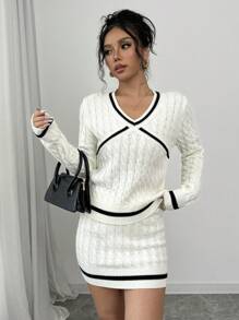 Elenzga 2pcs Women Contrast Color V-Neck Long Sleeve Sweater And Knit Midi Skirt Casual Outfit, Autumn/Winter - White - View 1