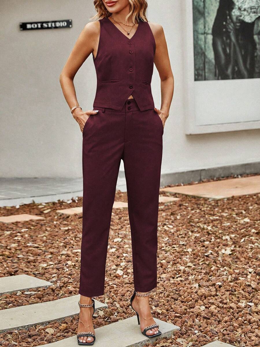 EMERY ROSE Bộ đồ vest nữ màu trơn cài nút phía trước không tay và quần dài, phong cách tối giản - Màu Đỏ Sâu - Xem 1