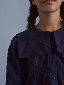 SHEIN Tween Girls Loose Fit Blue Solid Collar Textured Lantern Sleeve Casual Blouse For Autumn/Winter - Blue - View 5