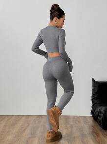 Flirla 2pcs Women Solid Color Crew Neck Long Sleeve Cropped Fitted Sweater And Long Pants Casual Set, Autumn/Winter - Grey - View 2