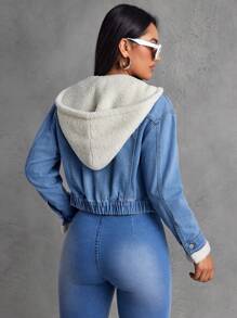 SHEIN EZwear Women's Autumn/Winter Contrast Color Long Sleeve Hooded Short Denim Jacket With PocketsThermal Thickened Denim - Blue - View 2