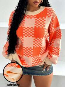 Maweii Plus Size Plaid Printed Crew Neck Casual Long Sleeve Sweater