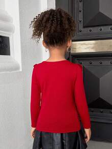 Baby Girl Red Ruffle Hem Ribbed Thick Thermal Lined Long Sleeve Top, Suitable For Winter And Christmas