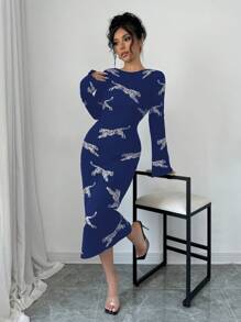 Elenzga Women's Autumn Fashion Leopard Print Long Sleeve Bodycon Sweater Dress Fall Cloth For Women - Blue - View 7
