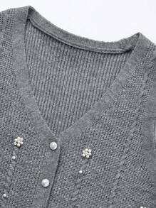 Celure Plus Size Women Pearl Flower Button Casual Knitted Vest - Grey - View 7