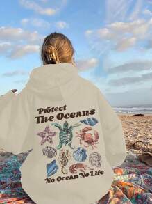 INAWLY Women's Oversized Slogan & Sea Turtle Print Drop Shoulder Hoodie Sweatshirt, Autumn/Winter Pullover Fall - Apricot - View 1