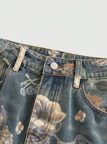 ROMWE Fairycore Denim Vintage de Perna Larga Folgada Lavado com Estampa Floral para Mulheres