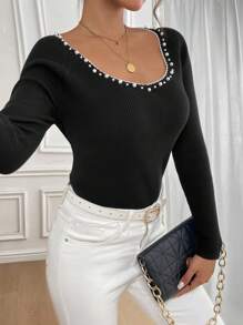 SHEIN Clasi Women Elegant Slim Fit Pearl Trim Long Sleeve Sweater, Autumn - Black - View 6