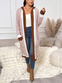 SHEIN Frenchy Casual Khaki Long Hooded Cardigan Sweater Jacket With Pockets, Suitable For Leisure & Homewear, Autumn/Winter