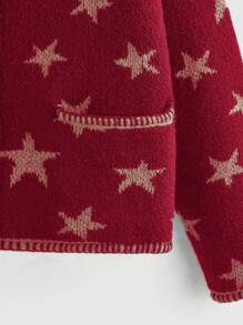 ROMWE Hippie 秋冬休闲星星提花双口袋前扣开衫 - 酒紅色 - 查看 4