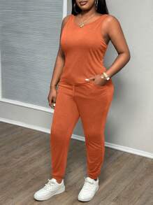 Slaydiva Bộ 3 áo ba lỗ + quần + áo khoác cỡ lớn thanh lịch giản dị, mùa thu/đông - Màu Cam san hô - Xem 5