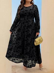 SHEIN Unity 大码女式优雅撞色蕾丝圆领连衣裙长款女装