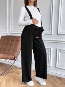 SHEIN Black Bowknot Waist Elastic Adjustable Maternity Jumpsuit - Black - View 1