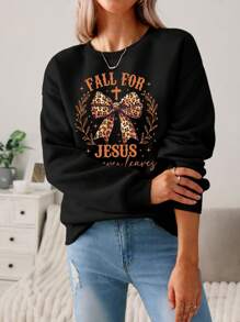 SHEIN LUNE Casual "FALL FOR JESUS" Leopard Print Bow Graphic Round Neck Long Sleeve Loose Fit Thick Hoodie Sweatshirt For Women, Suitable For Spring, Autumn & Winter