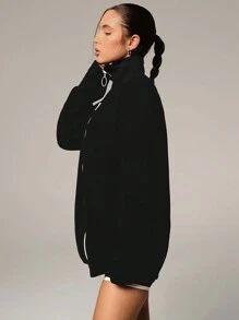 Athîral 女士秋季拉链立领长袖宽松休闲夹克 - 黑色 - 查看 3