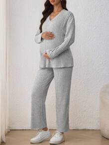 SHEIN Maternity Casual 2pcs Set - V-Neck Long Sleeve T-Shirt & Elastic Waist Straight-Leg Pants, Nursing Outfit