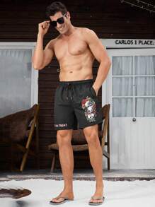 Surfspeed Men's Letter & Skull Print Drawstring Waist Loose Fit Casual Beach Shorts - Black - View 5