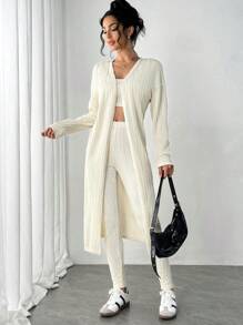 SHEIN Essnce 女士休闲扭纹纹理三件套，女士针织套装 - 背心、裤子和夹克，女士休闲家居，米色 - 米色 - 查看 3