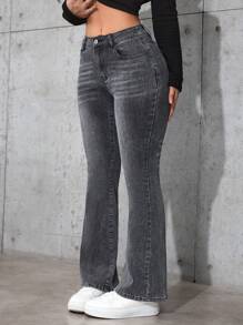SHEIN PETITE 女式前扣口袋纯色牛仔裤，休闲日常穿着 - 灰色 - 查看 7