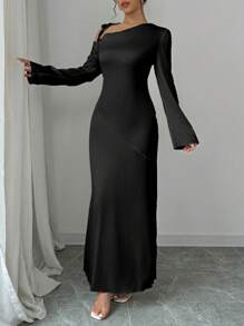 Elenzga 优雅时尚的不对称领口长袖连衣裙，奶油色 - 黑色 - 查看 4