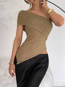Chiquease 1 pièce Top moulant en tricot à ourlet asymétrique unicolore pour femme - Taupe - Voir 4