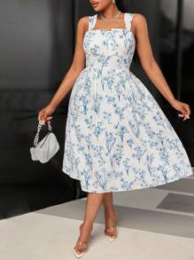 SHEIN PETITE CURVE 大码女式优雅花卉印花褶皱连衣裙，配有细肩带，狂欢装扮节日 - 藍色 - 查看 4