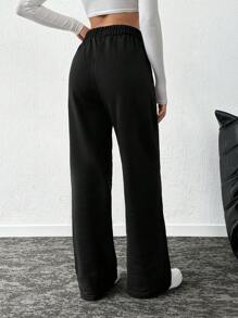 SHEIN Tall بنطلون رياضي كاجوال مطبوع بسيط مقاس كبير "أحلام" - الأسود - مشاهدة 2
