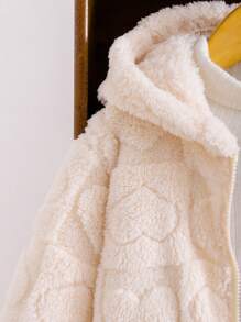 适合秋冬季的年轻女孩心形图案长袖拉链前羊毛连帽休闲夹克 - 米色 - 查看 4