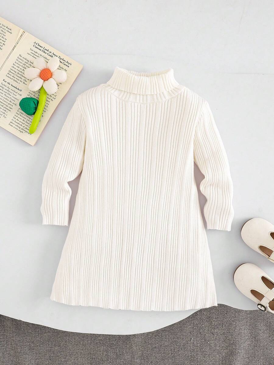 SHEIN Baby Girl Minimalist Ivory Knitted Turtleneck Long Sleeve Dress, Autumn/Winter