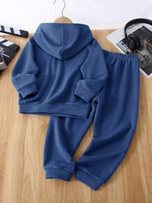 2 sztuki/zestaw dla młodych chłopców, casualowe, słodkie, codzienne, wygodne, podniesione, angielskie litery, jednolity kolor, dzianinowa, szara bluza z kapturem i spodnie, odpowiednie do podróży, szkoły, codziennych spotkań, jesień/zima