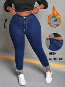 SHEIN SXY 大码女式牛仔裤 紧身高腰裤 蓝色高腰女式牛仔裤 - 深色水洗藍 - 查看 2