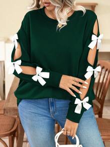 SHEIN Clasi Christmas Plus Size Women's Casual Round Neck Bow Decor Long Sleeve Sweatshirt, Autumn/Winter Pullover Fall - Green - View 2