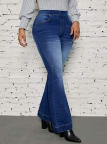SHEIN LUNE Plus Size Pockets Minimalist Washed Flared Jeans, Casual Everyday Wear