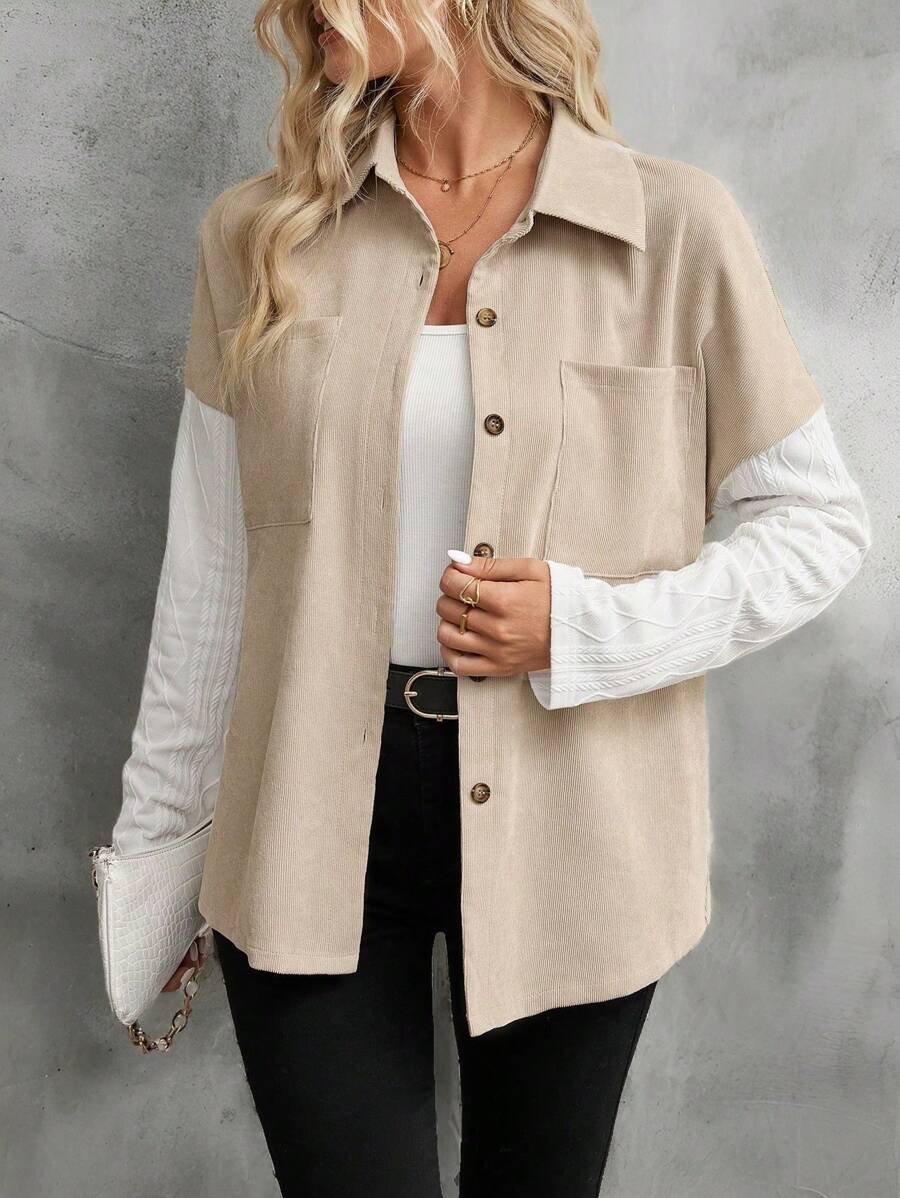 Chiquease Detachable Knit Patterned Corduroy Loose Shirt - Multicolor - View 1