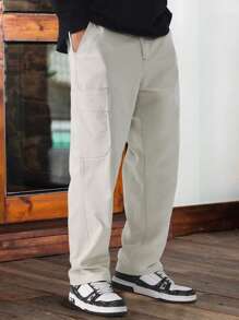 Manfinity Hypemode Men Casual Loose Solid Color Zipper Pocket Sweatpants - Apricot - View 1